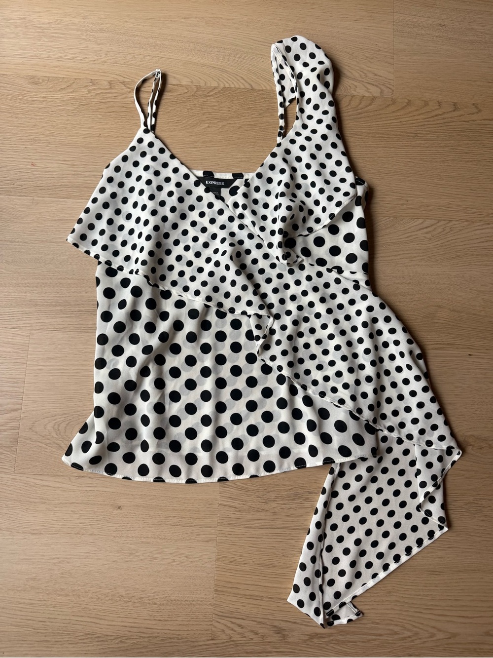 EXPRESS White & Black Polka Dot Asymmetrical Ruffle Cami XS
